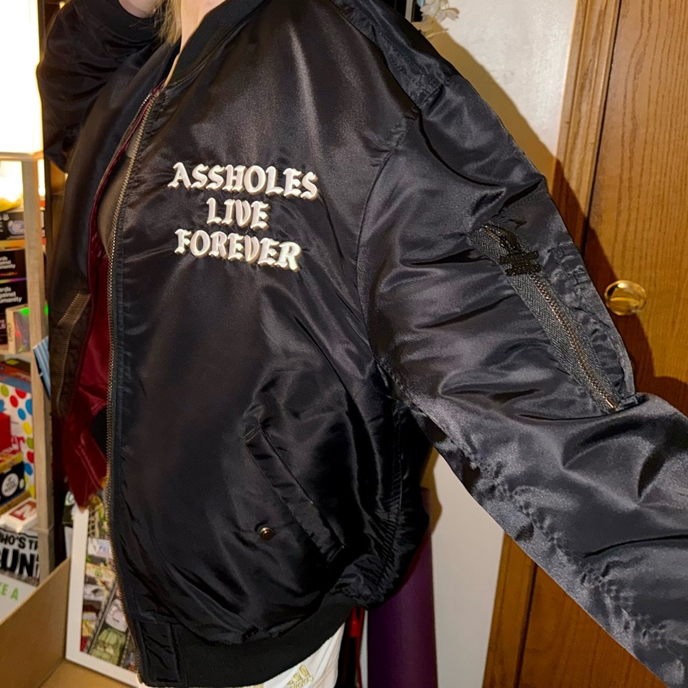 reversible A**H0LES LIVE FOREVER maroon & black bomber jacket